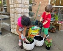 Boy and Girl in young elementary school working with plants outside on the patio of the montessori school