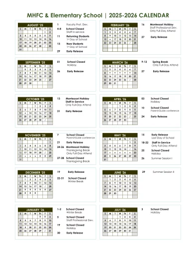 MHFC Elementary School Calendar for 2025-2026