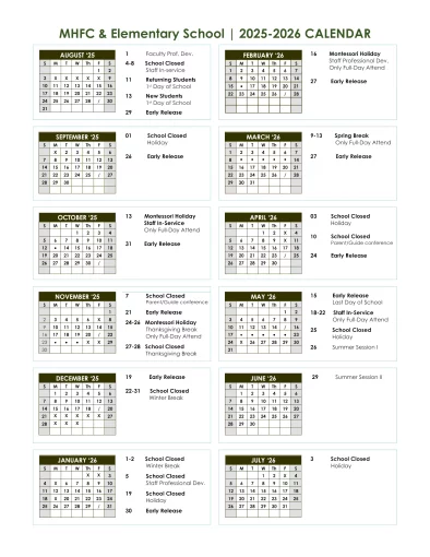 MHFC Elementary School Calendar for 2025-2026