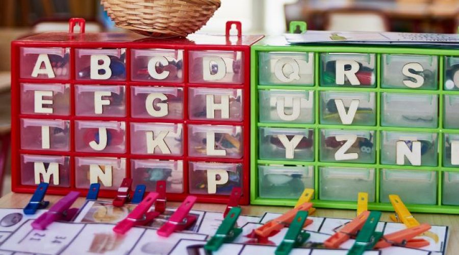 Letters and pictures beginning with the letters in a Montessori Classroom